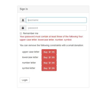 Satirical sign-in form where each password complexity rule (upper case, lower case, number, symbol) has a red 'Buy $1.99'