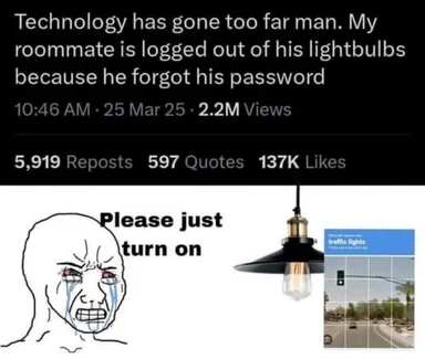 Humorous meme about smart lightbulbs and password issues