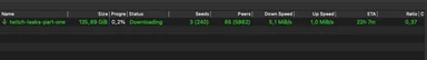 Torrent client screenshot showing 'twitch-leaks-part-one' download with status details