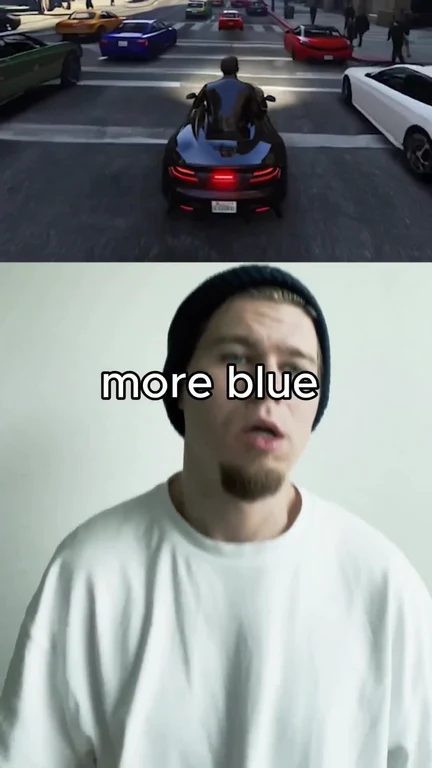 Man in white shirt and beanie with text 'more blue' superimposed over him, reacting to a video game scene with a blue sports car