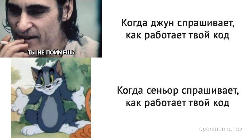 junior vs senior developer code explanation meme
