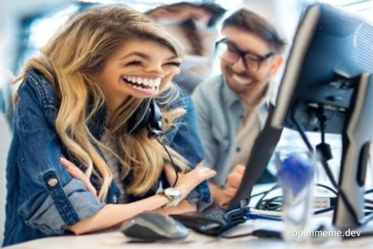 two developers laughing at a computer screen
