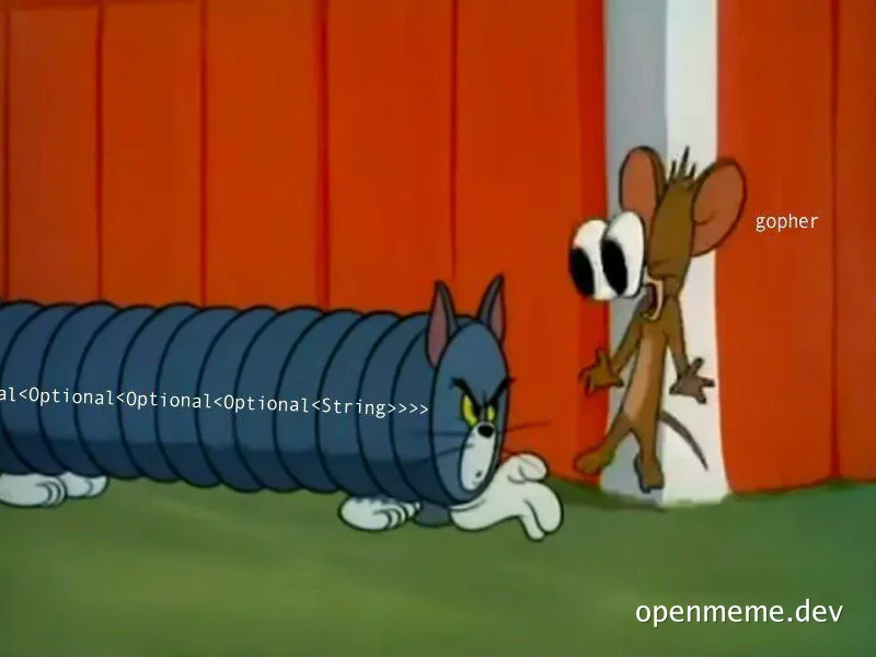 Tom cat stretched out like a caterpillar with angry eyes and a string of Optional types on top, next to a surprised Jerry mouse labeled gopher