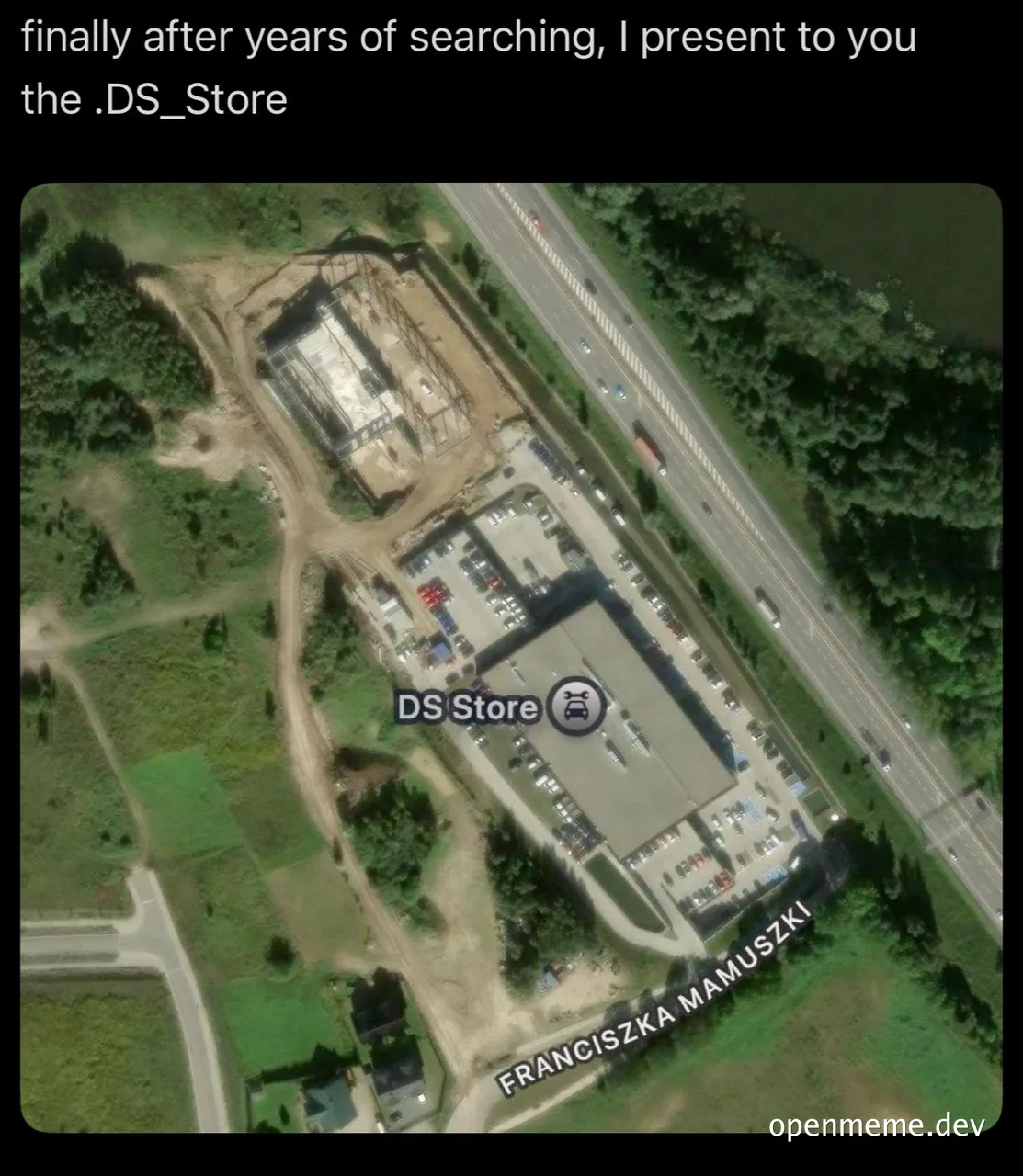 Satirical aerial view of a building labeled DS Store with the caption finally after years of searching I present to you the .DS_Store