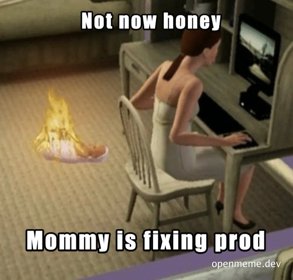 Sims character sitting at desk with burning cake, ignoring family member