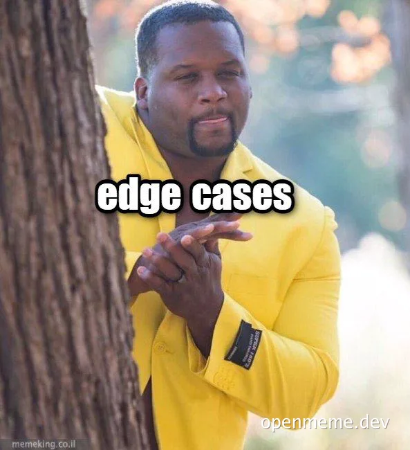 Peeking man in yellow shirt with 'edge cases' text