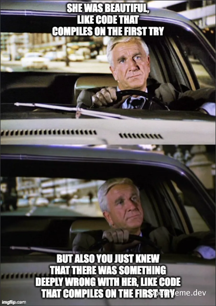 meme of man in a car looking at someone with a mix of admiration and suspicion, with text about code compiling on the first try