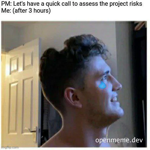 Man with a stressed and confused expression, implying a long and complicated project risk assessment