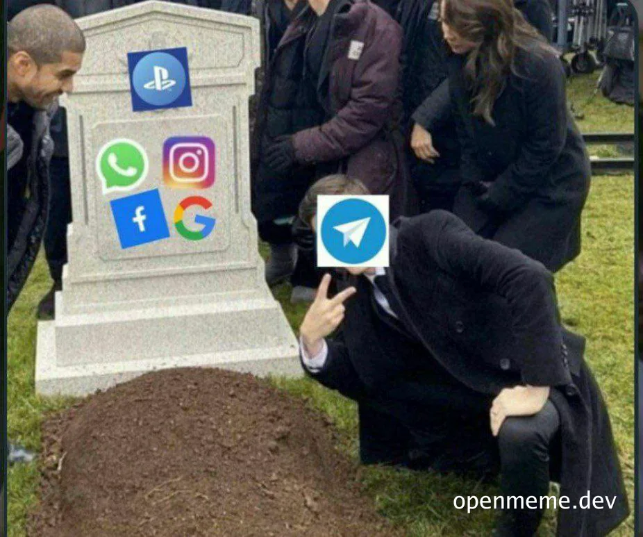 Man in a suit kneeling next to a tombstone with logos of various social media platforms