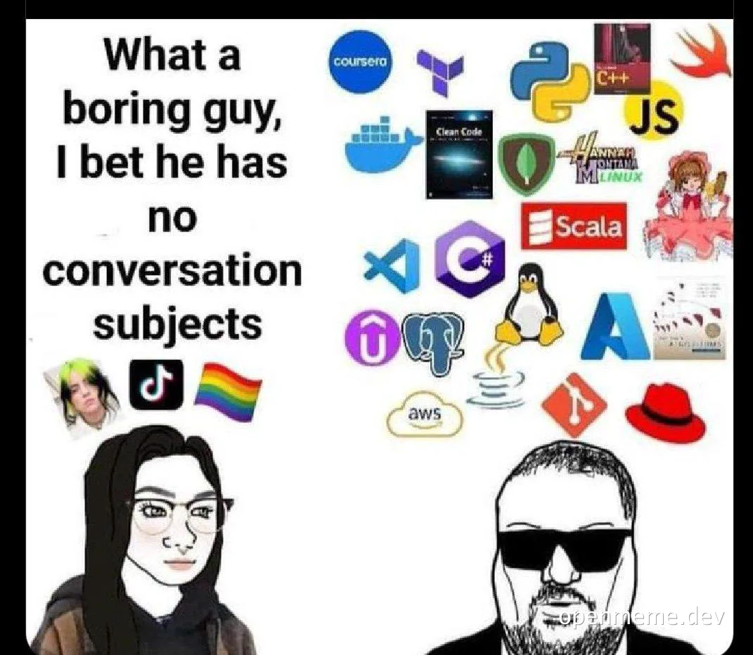 a man with many programming conversation topics and a woman implying he is boring