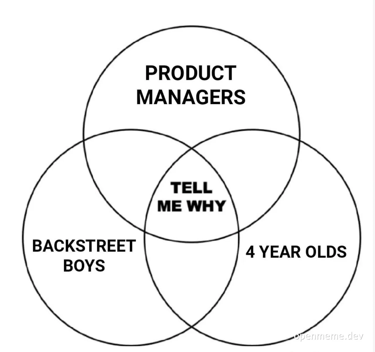 Venn diagram meme comparing product managers, Backstreet Boys fans, and 4-year-olds