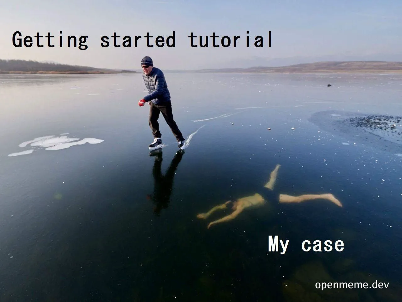man ice skating on a frozen lake with a person submerged in the water