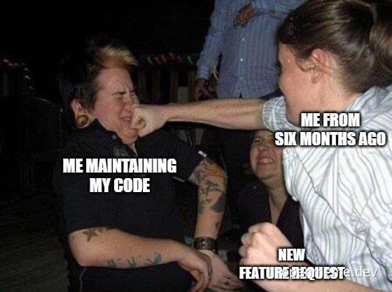 a woman hitting a man with a caption about maintaining code