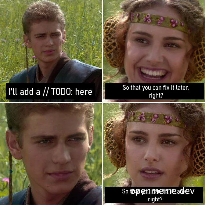 Star Wars reaction meme with captions: I'll add a // TODO: here, So that you can fix it later right?