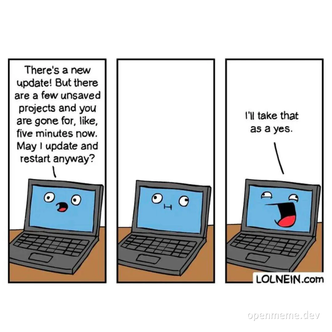 cartoon laptop asks for permission to restart for an update while the user is away