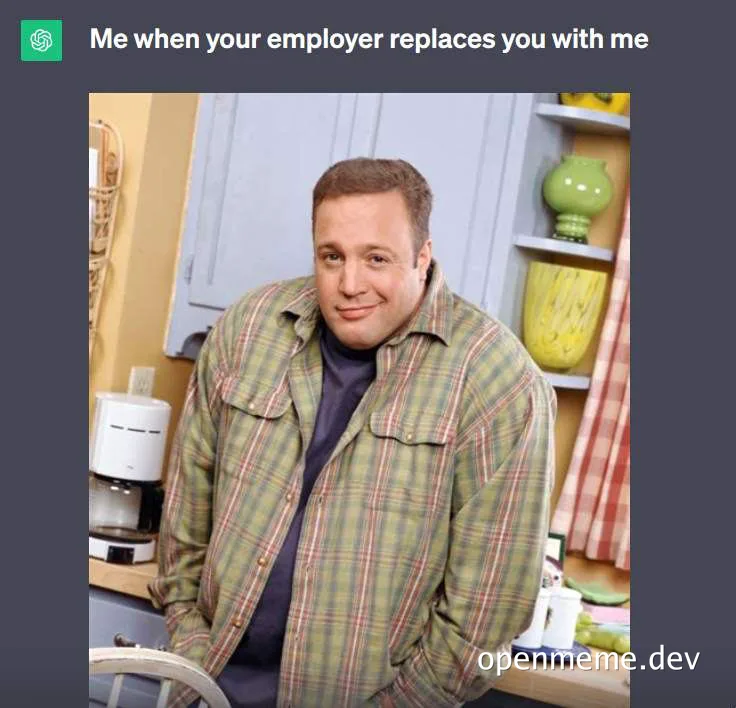Smiling man in plaid shirt with caption 'Me when your employer replaces you with me'