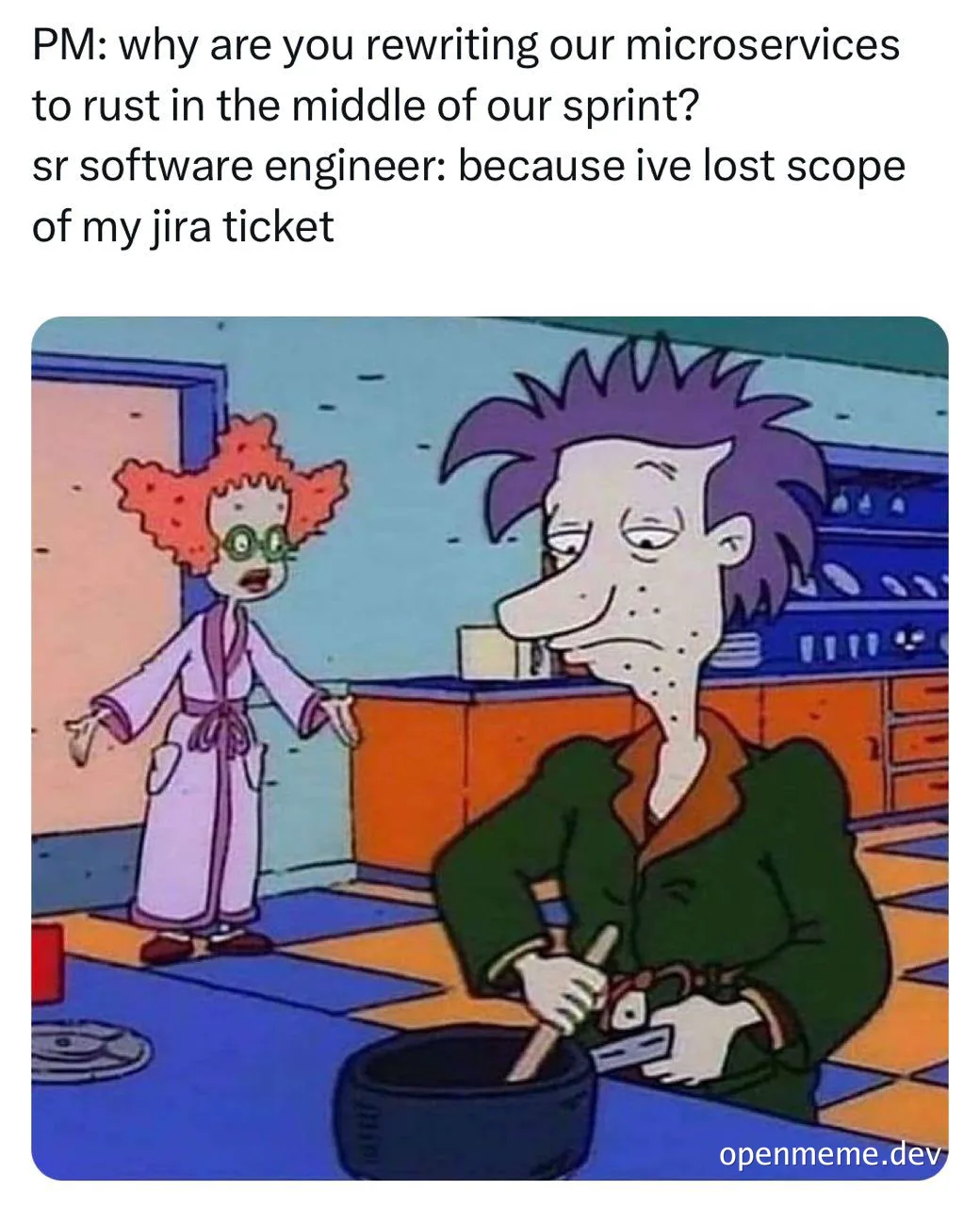 Rugrats meme of Phil DeVille looking smug while Dil DeVille looks on in confusion