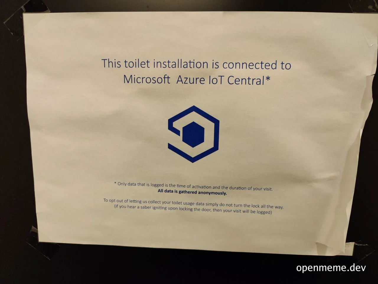 A humorous sign on a toilet indicating it's connected to Microsoft Azure IoT Central