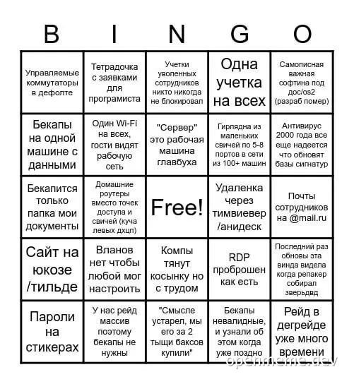 BINGO meme about IT security and administration