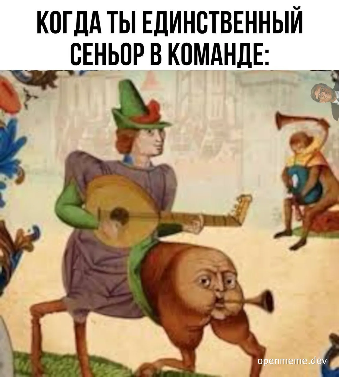 Medieval man playing lute on a donkey with a human-like face, symbolizing being the only senior dev in a team