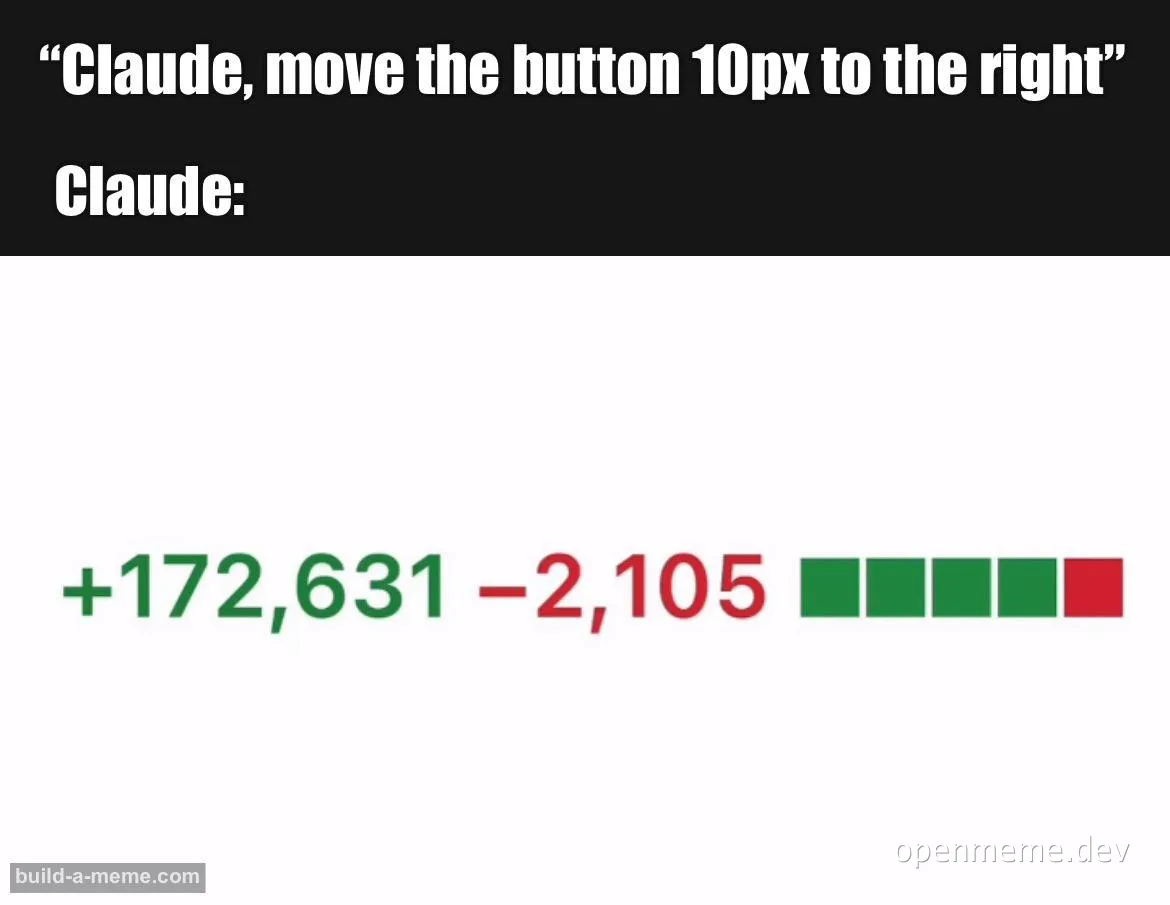 Meme showing a text prompt asking Claude to move a button 10px to the right, followed by a massive code diff with 172,631 additions.