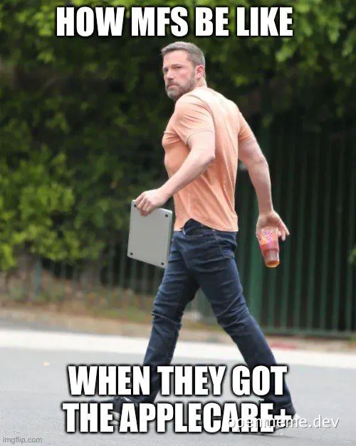 Man walking with laptop and soda, implying carefree attitude with AppleCare+