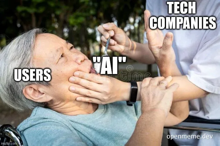 a man in a wheelchair with his mouth open being forced to take medicine labelled AI by a doctor labelled tech-companies while the man is labelled users