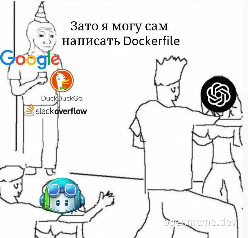 a developer meme about writing a Dockerfile