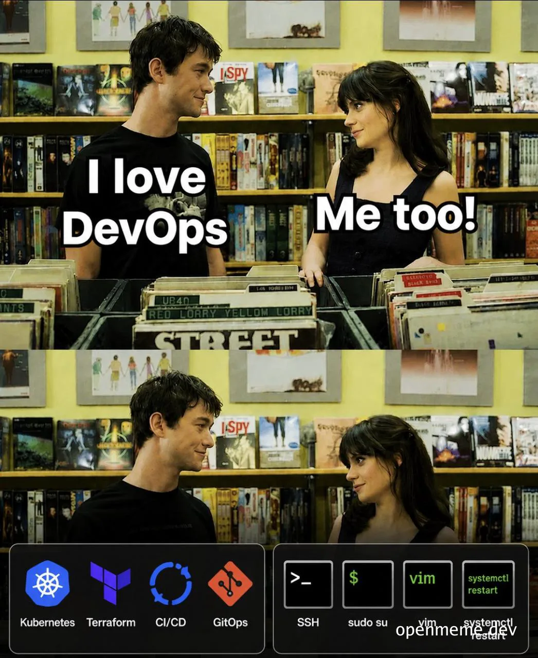 I Love DevOps Me Too meme with Kubernetes, Terraform, CI/CD, GitOps, SSH, sudo su, vim, systemctl restart