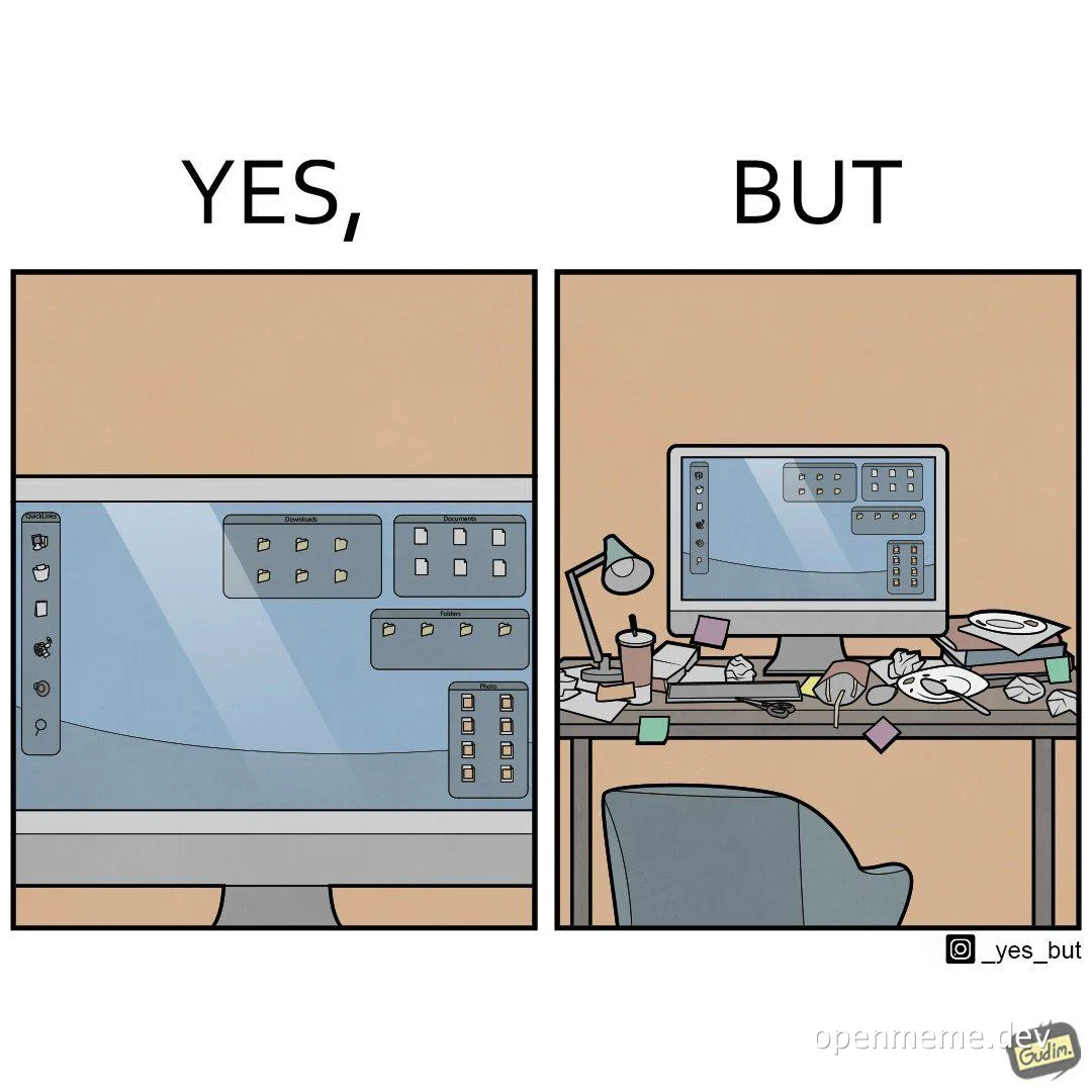 yes but meme comparing clean and messy developer desks