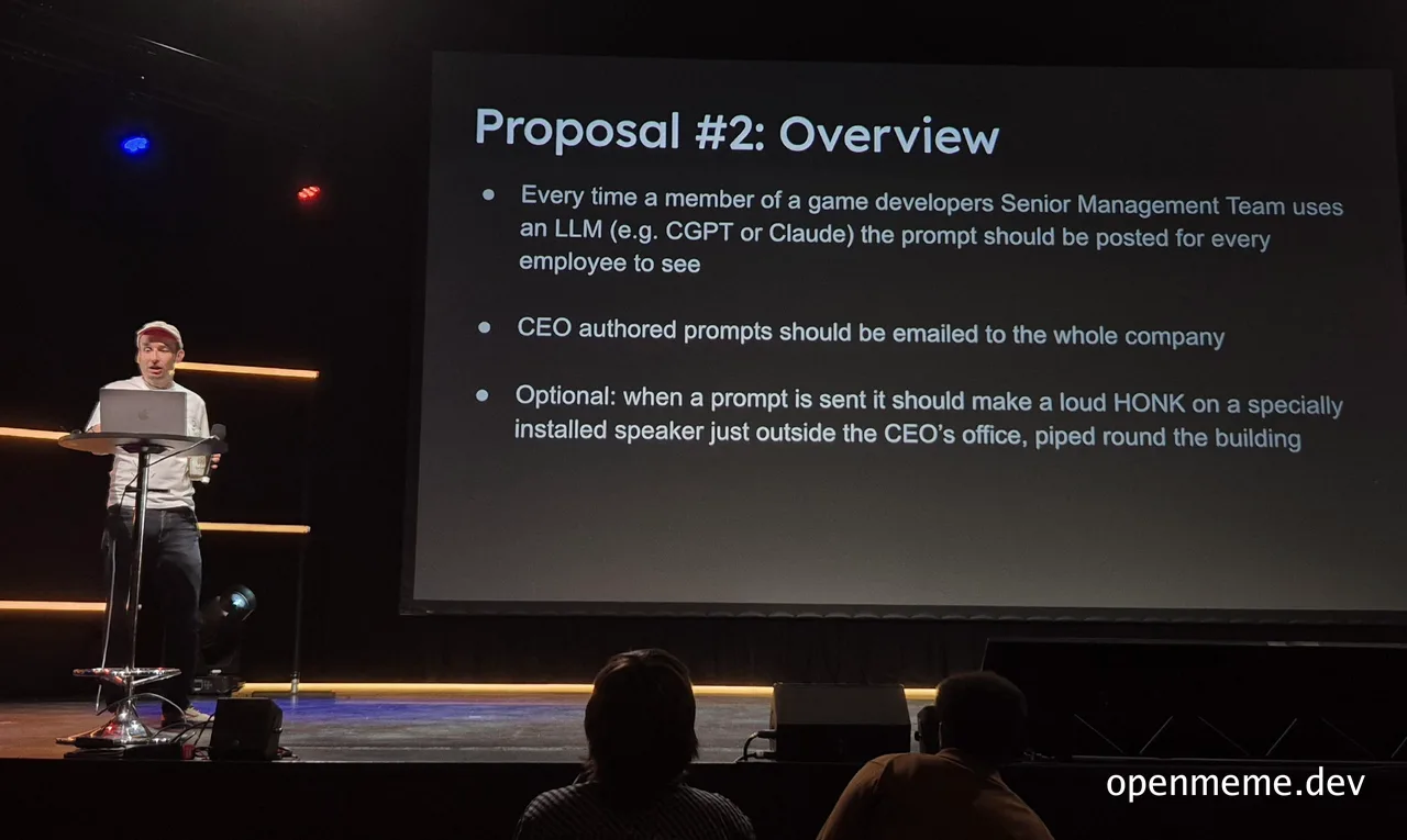 A speaker on a conference stage presents a slide titled 'Proposal #2: Overview' satirically demanding that every senior-management LLM prompt be posted to all employees and honked outside the CEO's office.