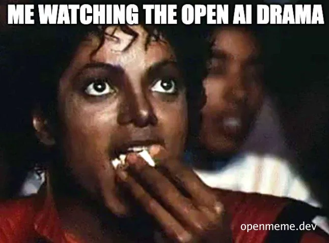 Michael Jackson looking shocked while smoking, with the caption 'ME WATCHING THE OPEN AI DRAMA'