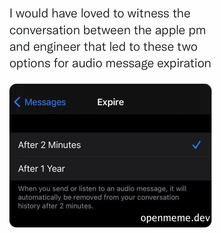 screenshot of iPhone settings for audio message expiration