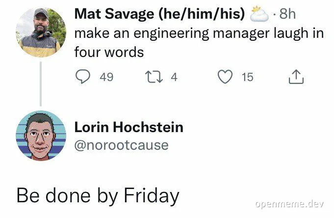 Tweet exchange about engineering management humor