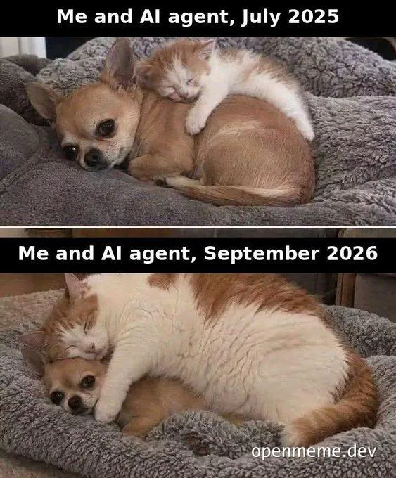 Two-panel meme: a small kitten napping on a chihuahua labeled 'Me and AI agent, July 2025' versus a fully grown cat