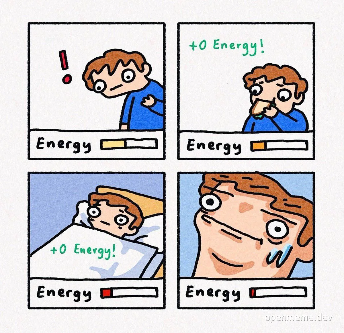 cartoon man runs out of energy