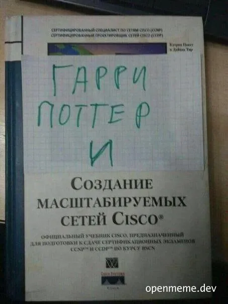 A book titled 'Гарри Поттер и Создание Масштабируемых Сетей Cisco'