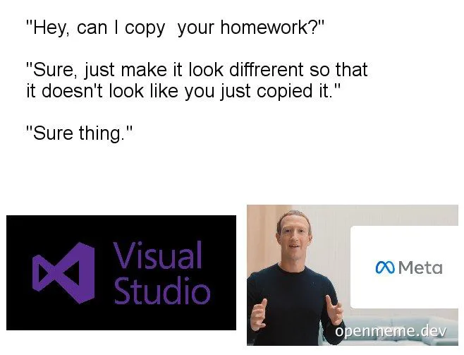 Mark Zuckerberg in a living room with Visual Studio and Meta logos, humorously implying copying homework
