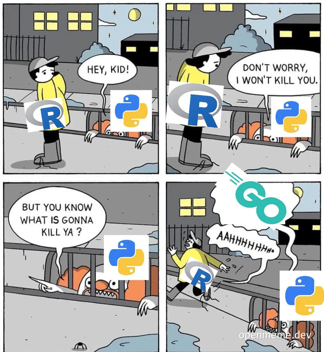 R vs Python vs Go meme