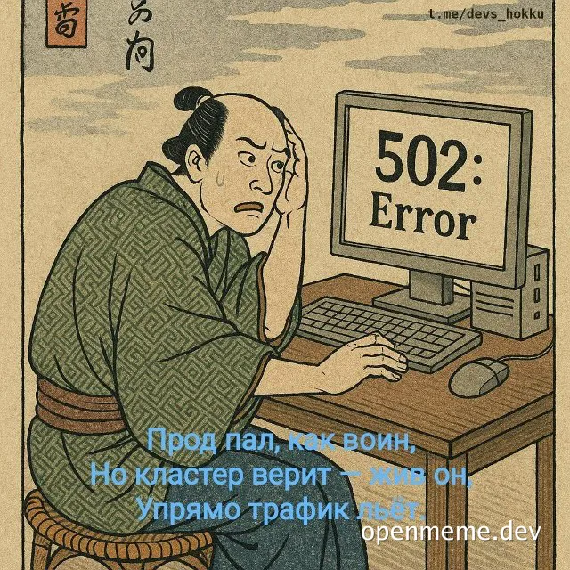Japanese-style illustration of a man in traditional clothing sitting at a computer with a 502 error on the screen