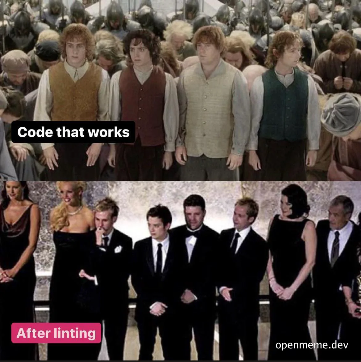 Lord of the Rings hobbits and formal event guests standing in line