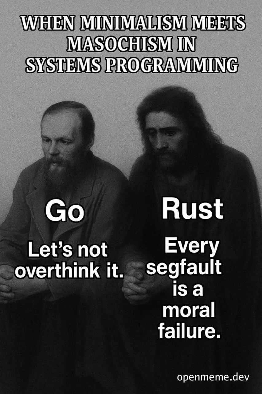 Two men representing minimalism and masochism in systems programming with Go and Rust labels