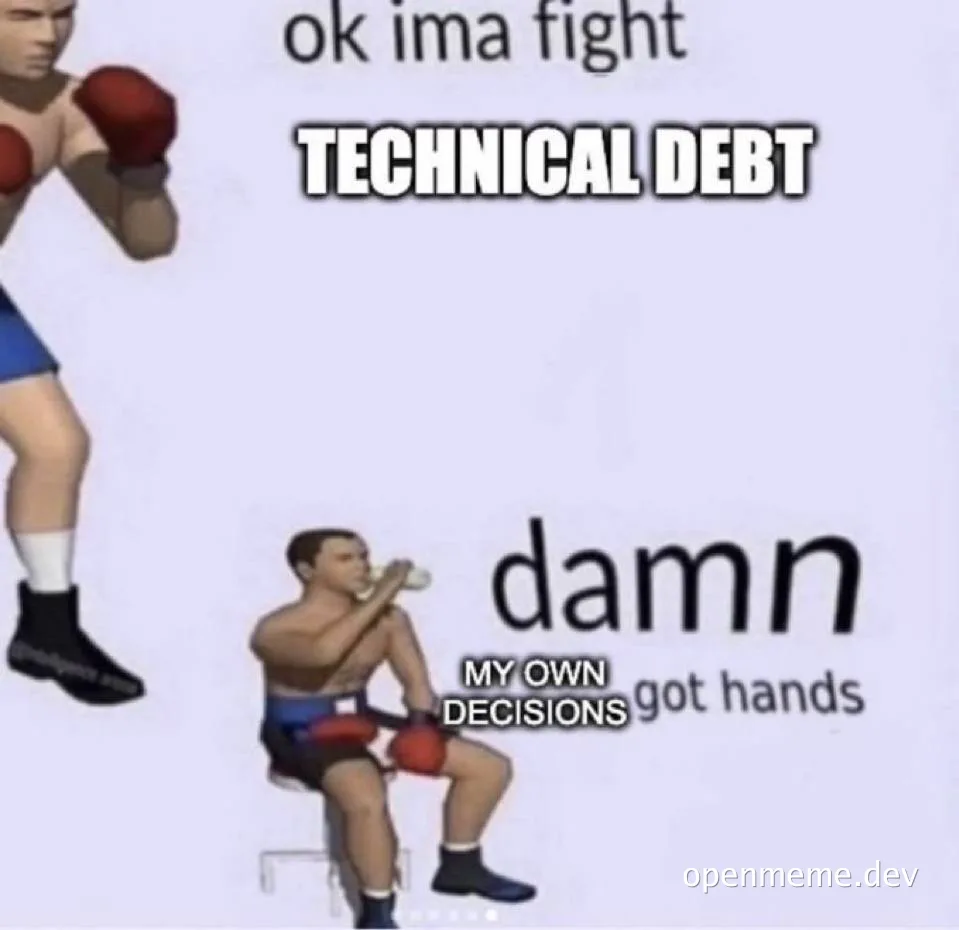 funny image of two boxers with text about technical debt