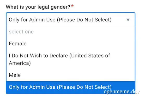 form with gender selection options and a humorous admin-only option