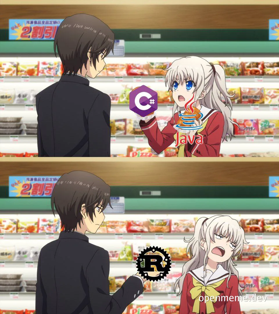 anime characters comparing C#, Java, and Rust programming languages in a grocery store