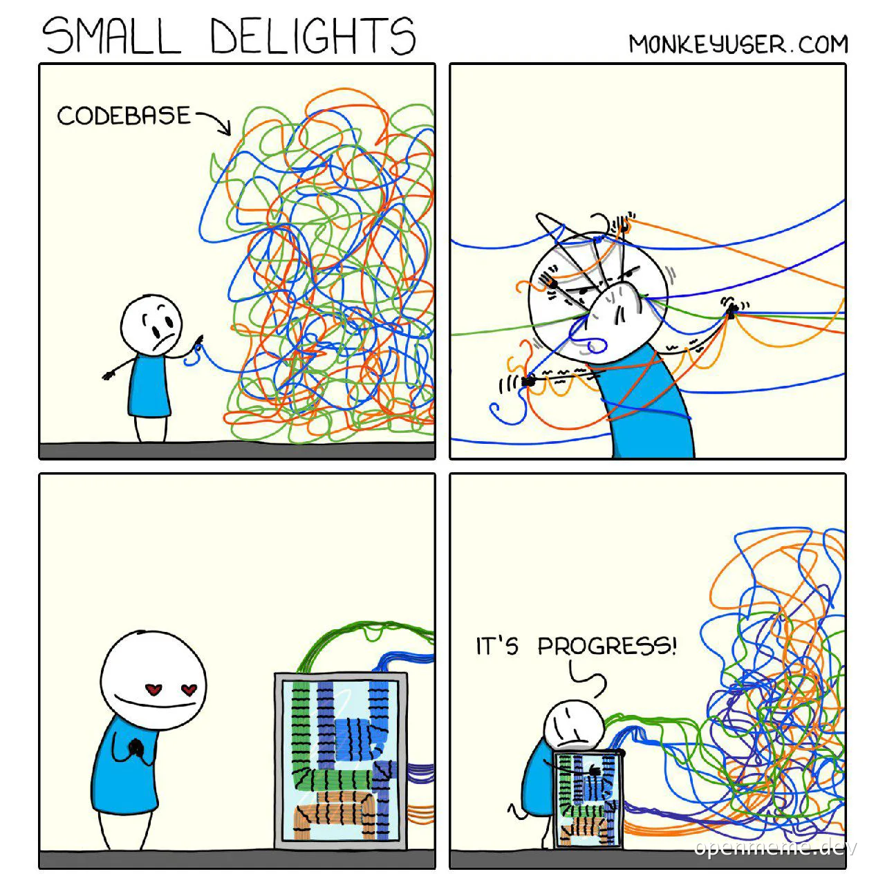 cartoon developer confused by complex codebase