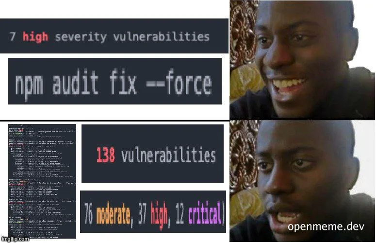 Smiling man looking at terminal output showing vulnerability counts before and after running npm audit fix --force