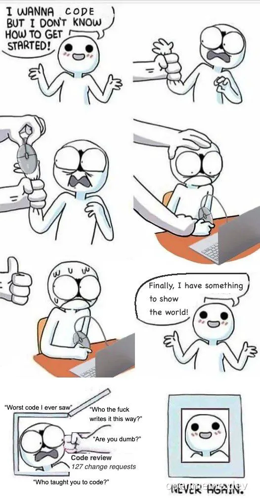 cartoon character learning to code with a shocked reaction to code review
