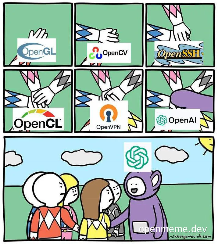 OpenAI logo on a cartoon character's head with other Open logos in the background