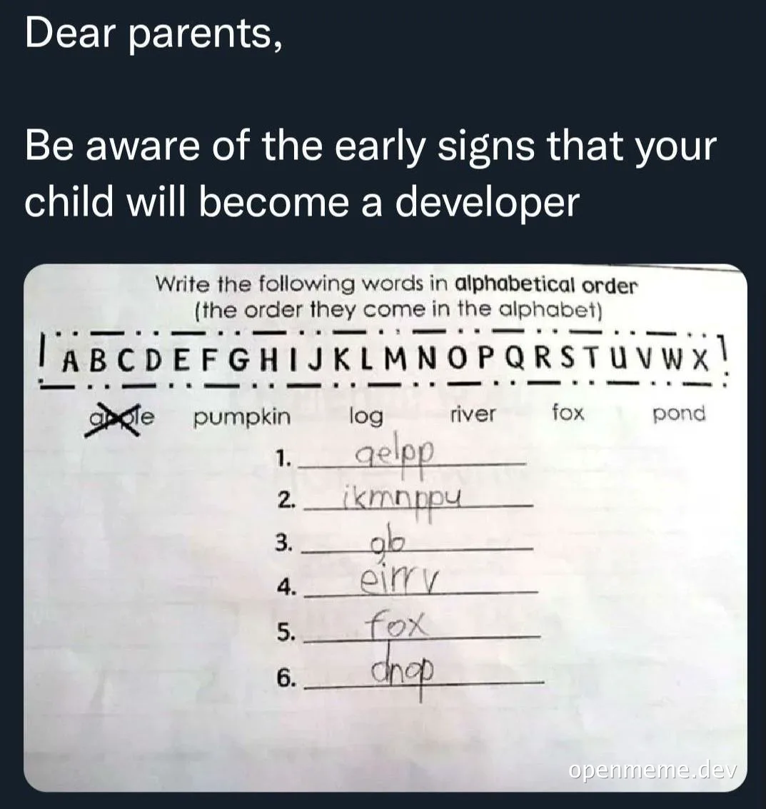 kid homework sheet with incorrect alphabetized list